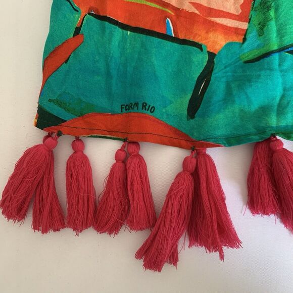 Farm Rio Anthropologie Cover-up Maxi Dress L Green Tassel Tropical Resort Beach - Picture 9 of 15